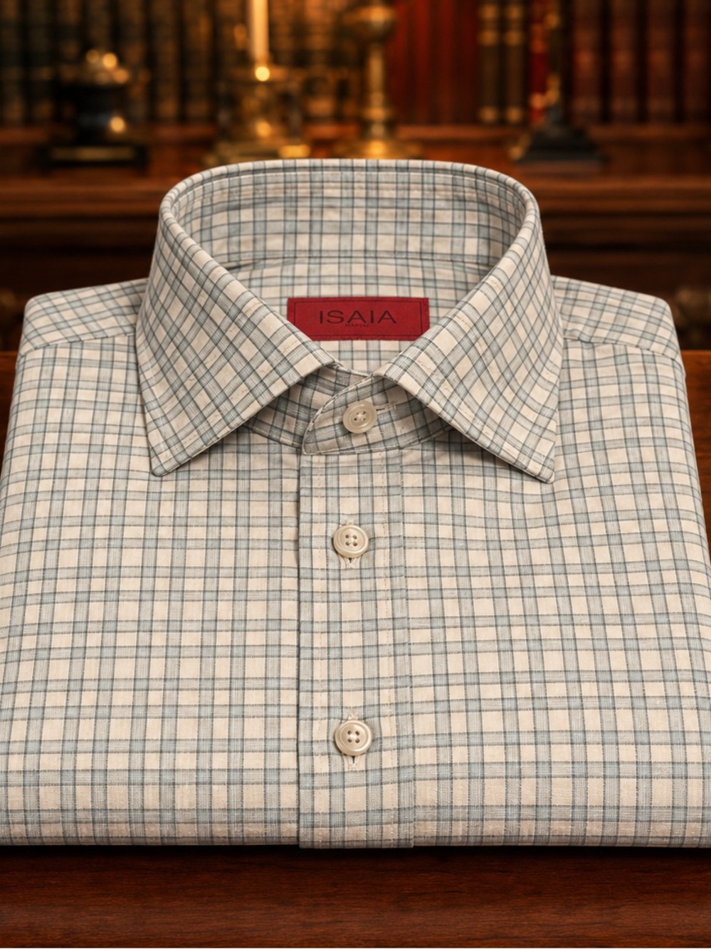 Isaia Men's Blue/Green and Cream Checked Dress Shirt